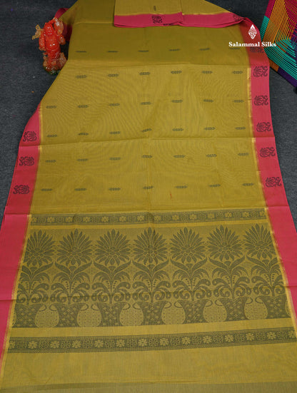 Pure Cotton Saree - Olive Green Colour Body Thread Work Butta With Blouse 