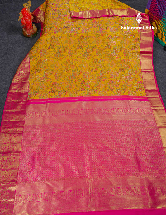 Beautiful Mustard Yellow Menakari Work Theme Based Bridal Pure Kanjivaram Silk Saree With Contrast Pink Traditional Border