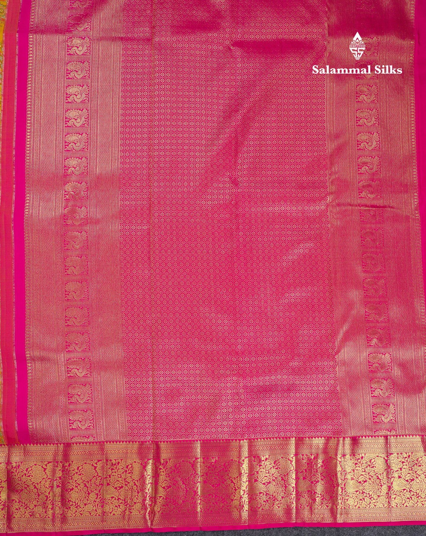 Beautiful Mustard Yellow Menakari Work Theme Based Bridal Pure Kanjivaram Silk Saree With Contrast Pink Traditional Border