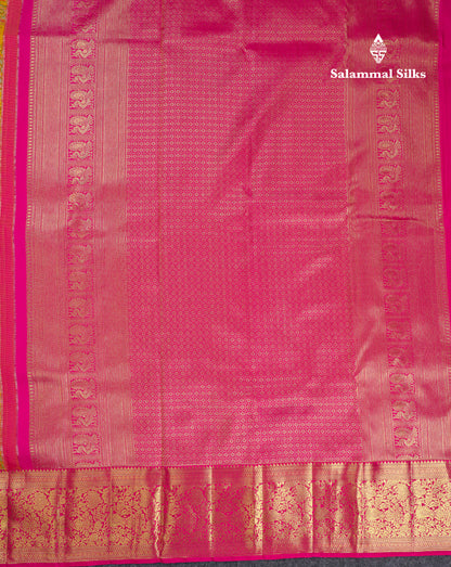 Beautiful Mustard Yellow Menakari Work Theme Based Bridal Pure Kanjivaram Silk Saree With Contrast Pink Traditional Border