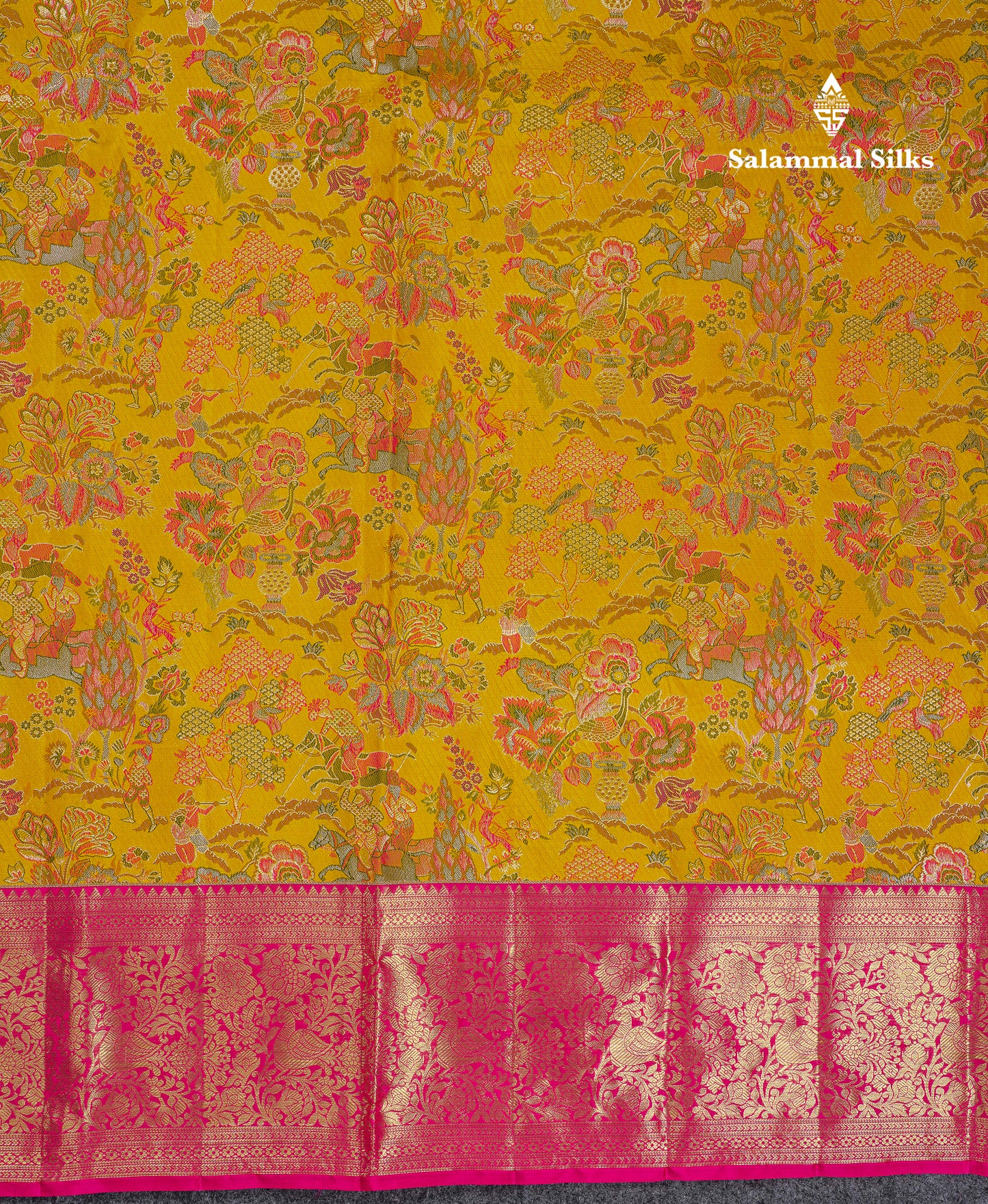 Beautiful Mustard Yellow Menakari Work Theme Based Bridal Pure Kanjivaram Silk Saree With Contrast Pink Traditional Border