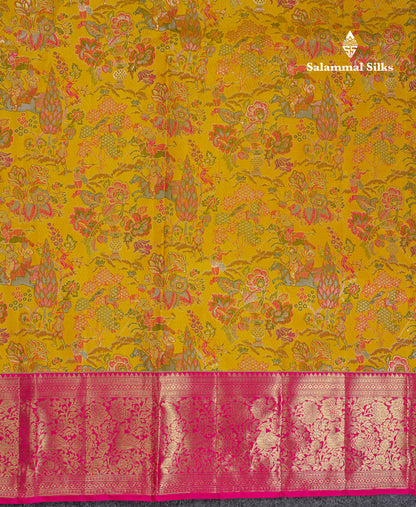 Beautiful Mustard Yellow Menakari Work Theme Based Bridal Pure Kanjivaram Silk Saree With Contrast Pink Traditional Border