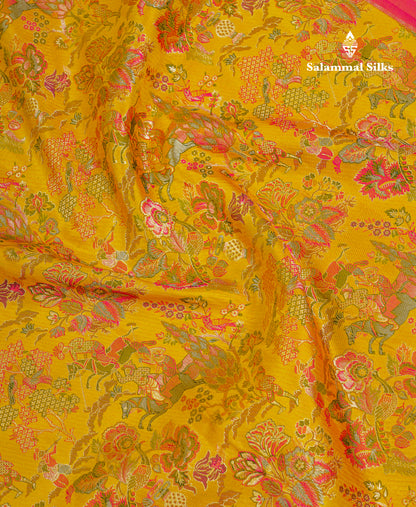 Beautiful Mustard Yellow Menakari Work Theme Based Bridal Pure Kanjivaram Silk Saree With Contrast Pink Traditional Border