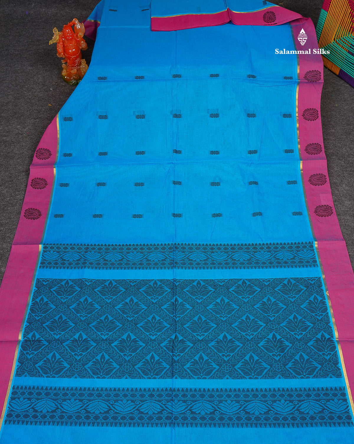 Pure Cotton Saree - Peacock Blue Colour Body Thread Work Butta With Blouse