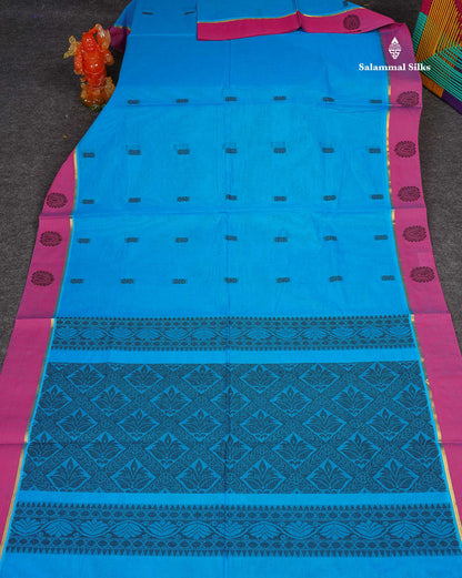 Pure Cotton Saree - Peacock Blue Colour Body Thread Work Butta With Blouse