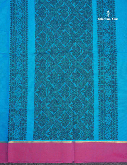 Pure Cotton Saree - Peacock Blue Colour Body Thread Work Butta With Blouse