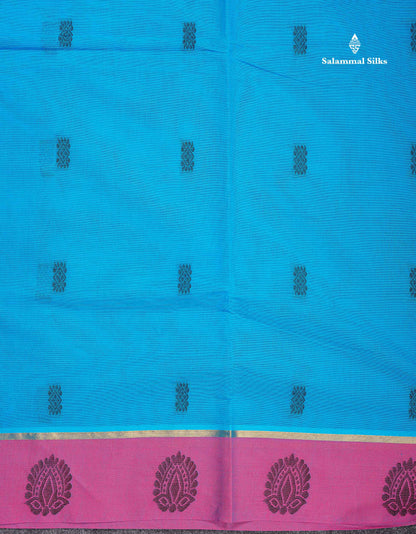 Pure Cotton Saree - Peacock Blue Colour Body Thread Work Butta With Blouse