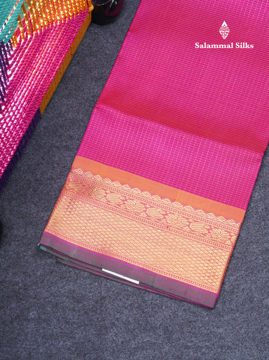 Pure Silk Pure Zari Pattu Pavadai (Pink) Zari Checks With Contrast Mustard Border 36"