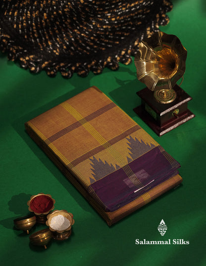 Beautiful Mustard Yellow Thread Checks  Pure Chettinad Cotton Saree With Navy Blue Traditional Temple Border