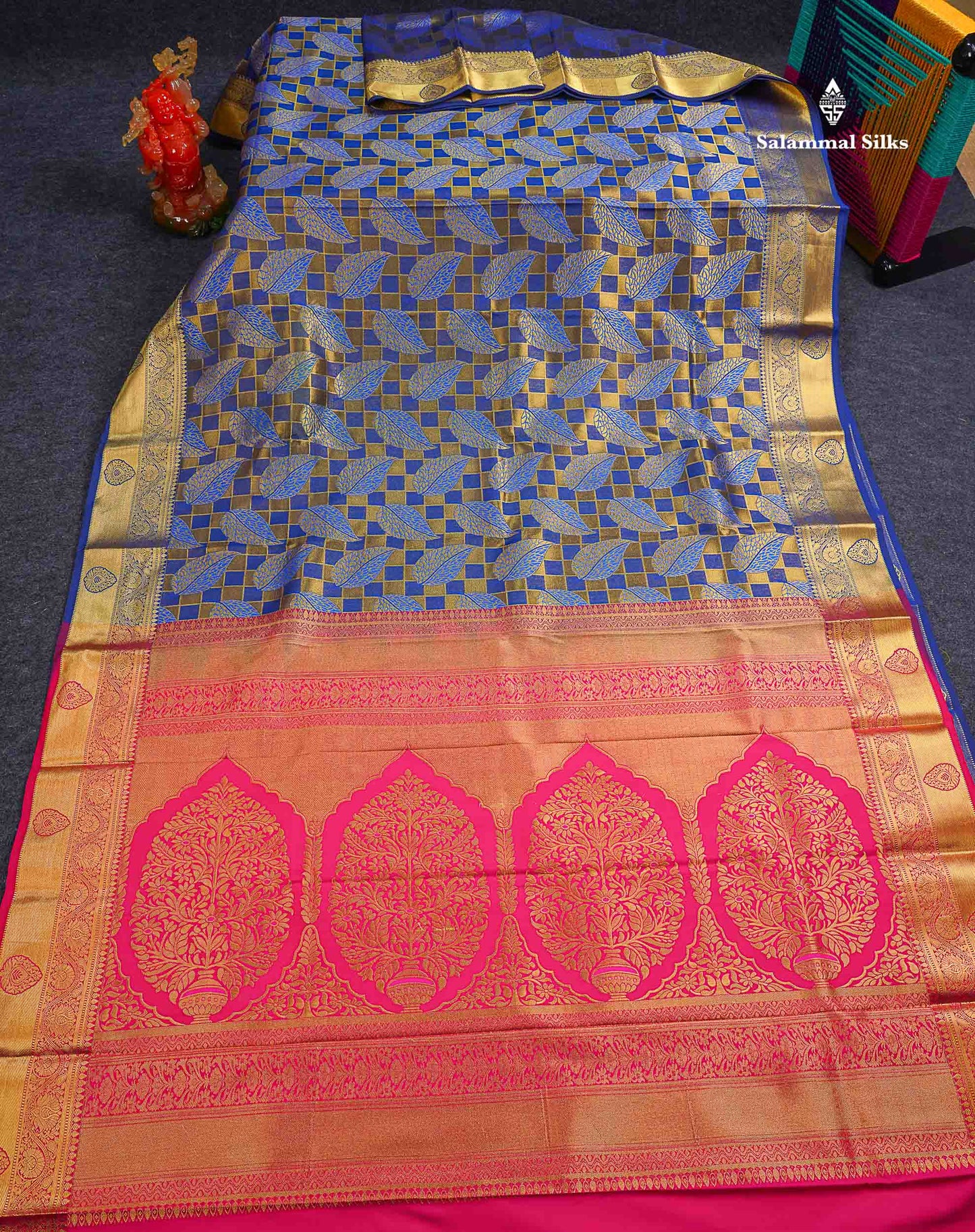 Beautiful Dual Tone Navy Blue Bridal Semi Silk Saree With Contrast Pink Blouse