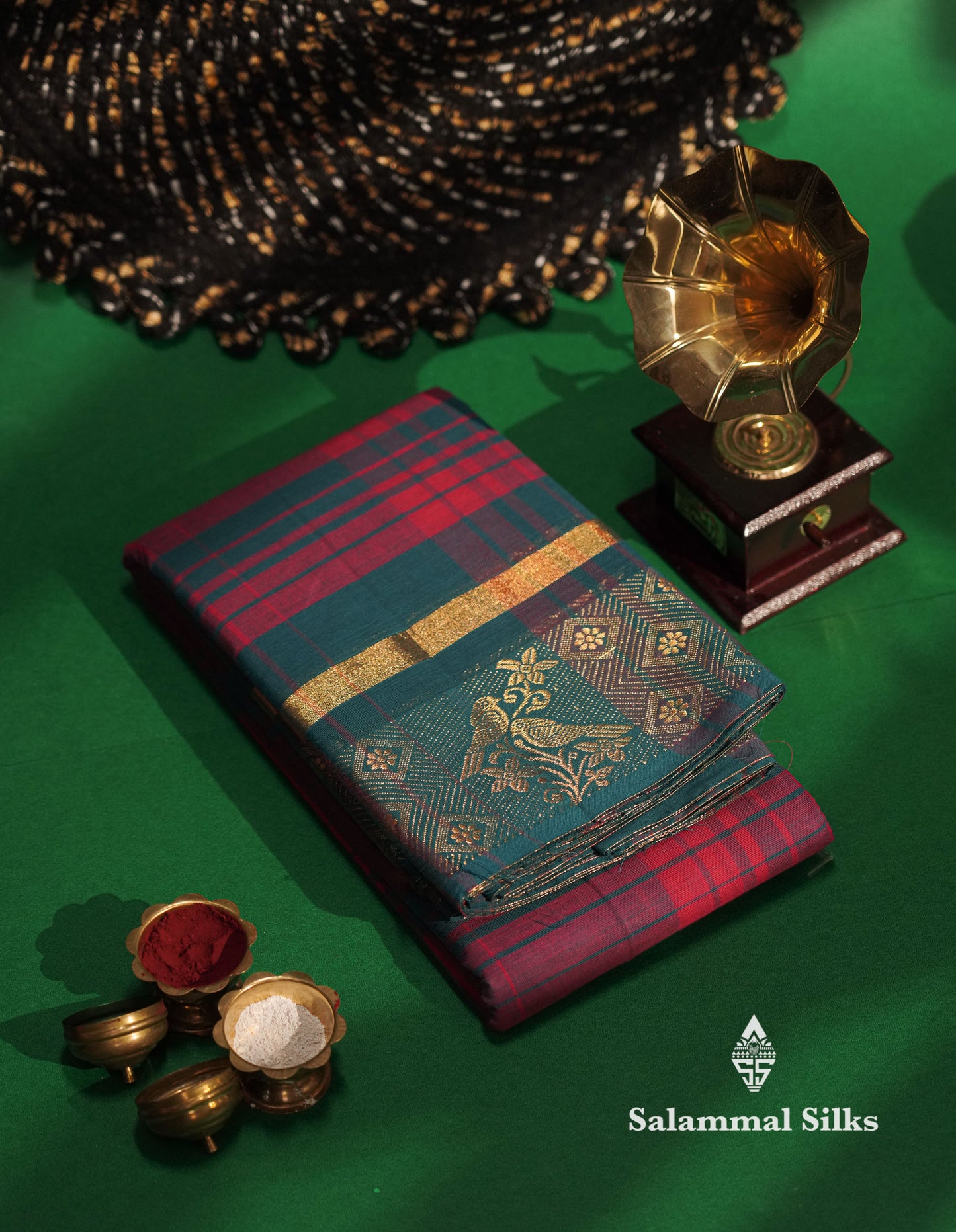 Beautiful Black And White Checks Pure Chettinad Pure Cotton Saree With Traditional Gold Zari Border