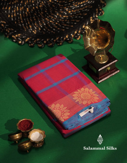 Pink Beautiful Checks Chettinad Pure Cotton Saree With Self Thread Work Border