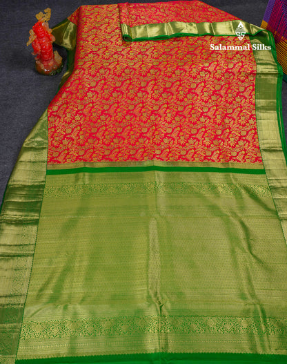 Beautiful Chilly Red Bridal Pure Kanjivaram Silk Saree With Contrast Bottle Green Traditional Border