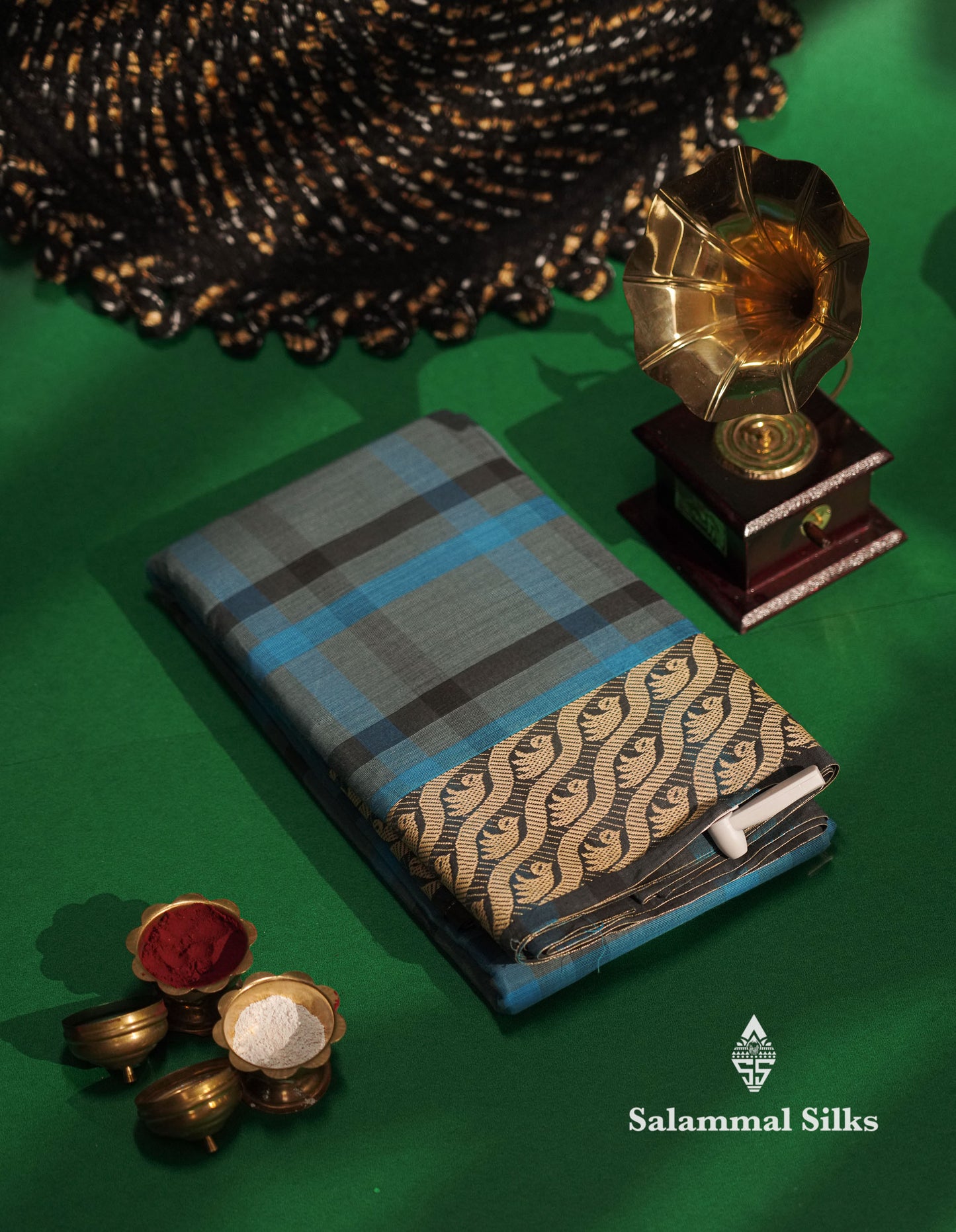 Beautiful Multicolour Checks Chettinad Pure Cotton Saree With Thread Work Border