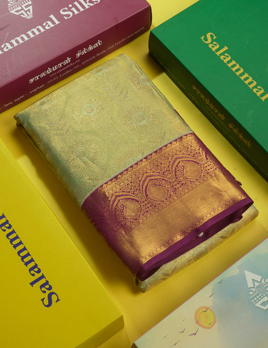 Korvai Pista Green Beautiful Tissue Bridal Pure Silk Saree With Magenta Border