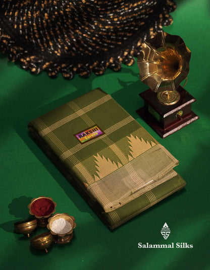 Beautiful Mustard Yellow Thread Checks  Pure Chettinad Cotton Saree With Navy Blue Traditional Temple Border