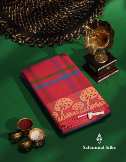 Pink Beautiful Checks Chettinad Pure Cotton Saree With Thread Work Border