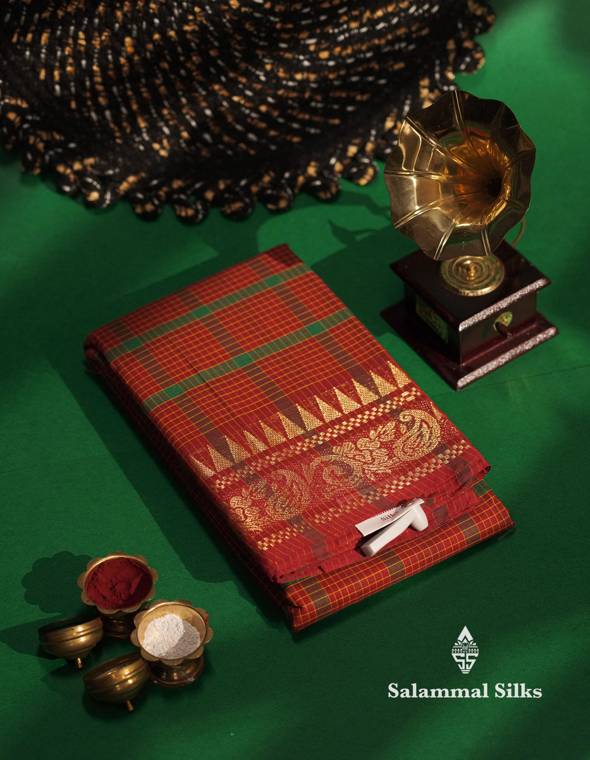 Beautiful Red Thread Checks Pure Chetinad Cotton Saree With Traditional Border