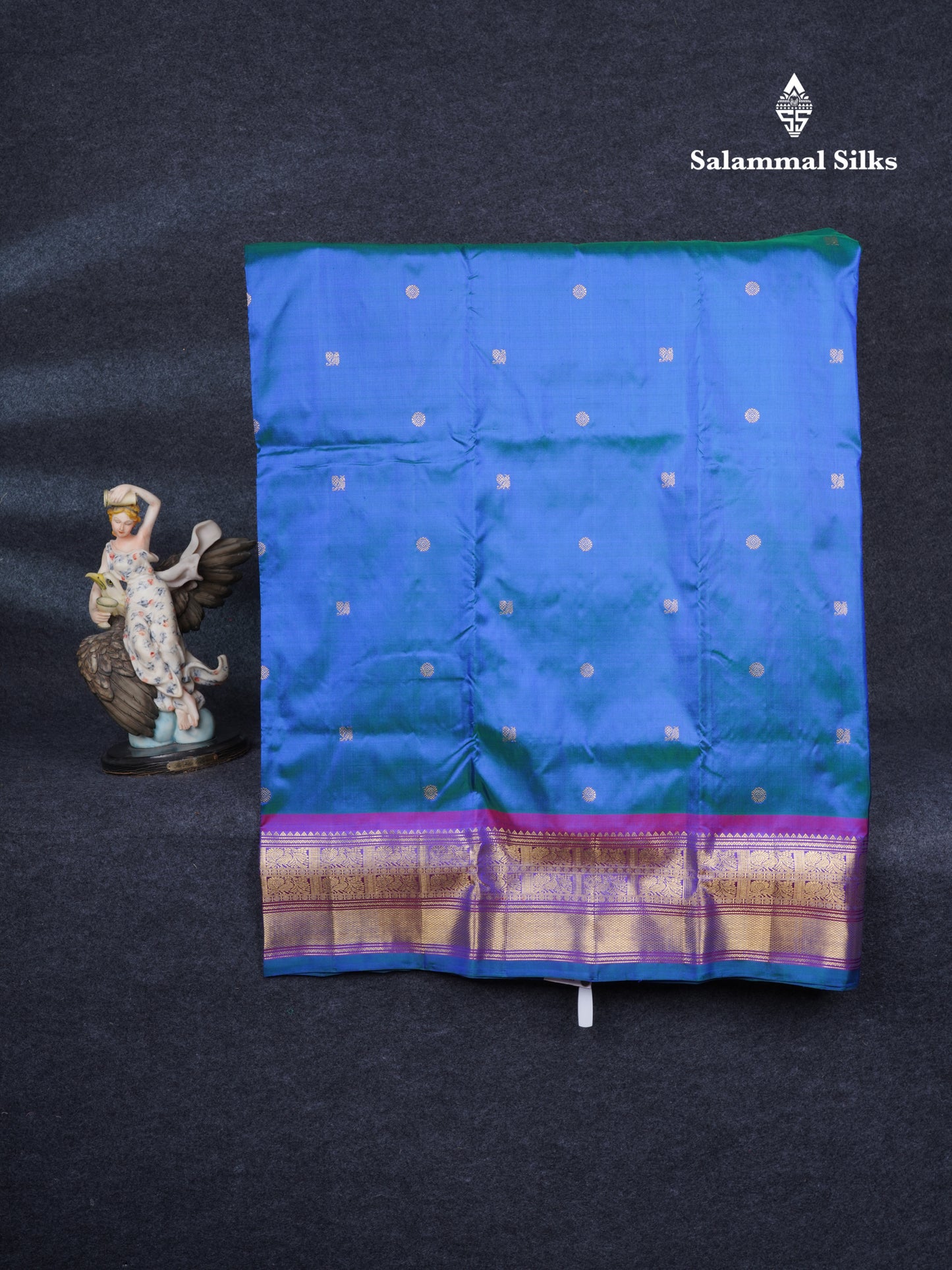 Pure Silk Pure Zari Pattu Pavadai (Dual Tone Peacock Blue) With Contrast Vadamalli Traditional Border