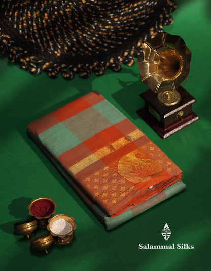 Beautiful Paalum Pazham Checks Chettinad Pure Cotton Saree With Self Border