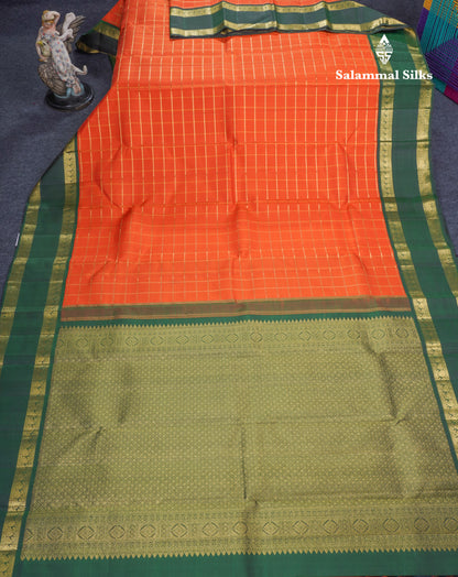 Orange Veldhari Zari Checks Pure Kanjivaram Silk Saree With Contrast Bottle Green Traditional Rettapet Border
