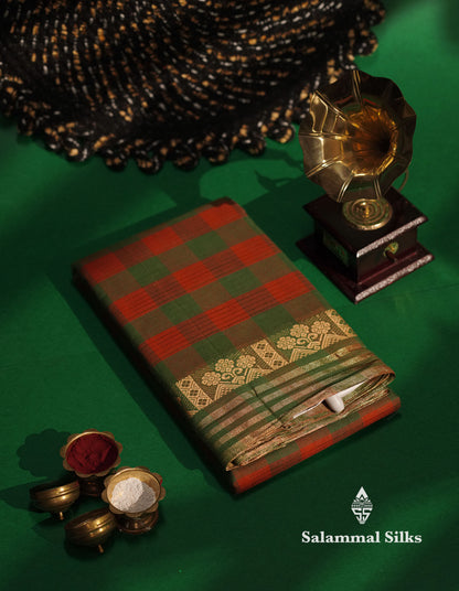 Beautiful Paalum Pazham Checks Pure Chettinad Cotton Saree With Thread And Zari Border