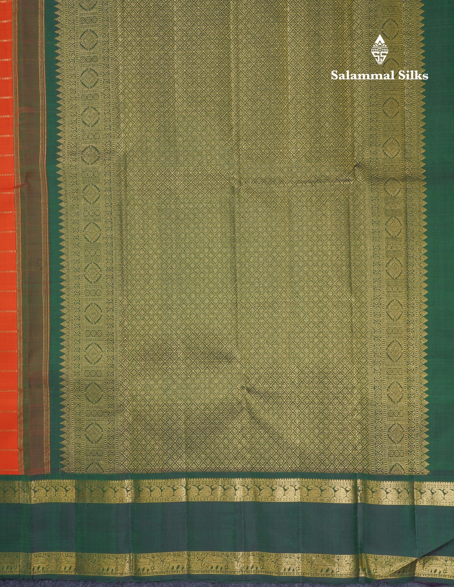Orange Veldhari Zari Checks Pure Kanjivaram Silk Saree With Contrast Bottle Green Traditional Rettapet Border