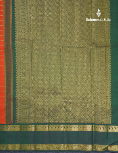Orange Veldhari Zari Checks Pure Kanjivaram Silk Saree With Contrast Bottle Green Traditional Rettapet Border