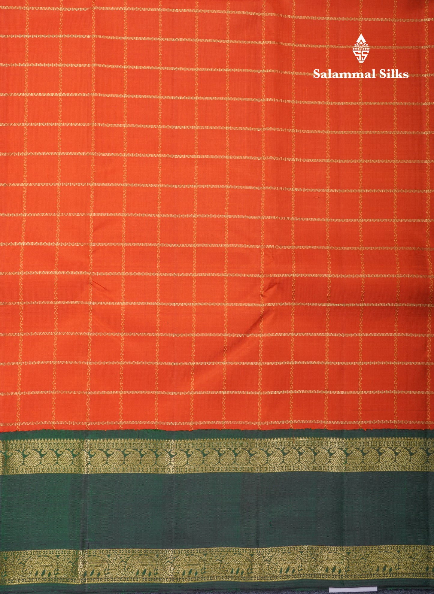 Orange Veldhari Zari Checks Pure Kanjivaram Silk Saree With Contrast Bottle Green Traditional Rettapet Border
