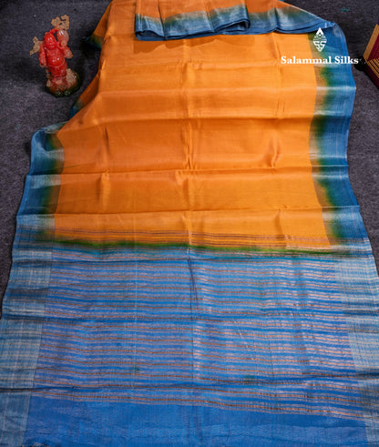Beautiful Yellow Semi Raw Silk Fancy Saree With Contrast Blue Border