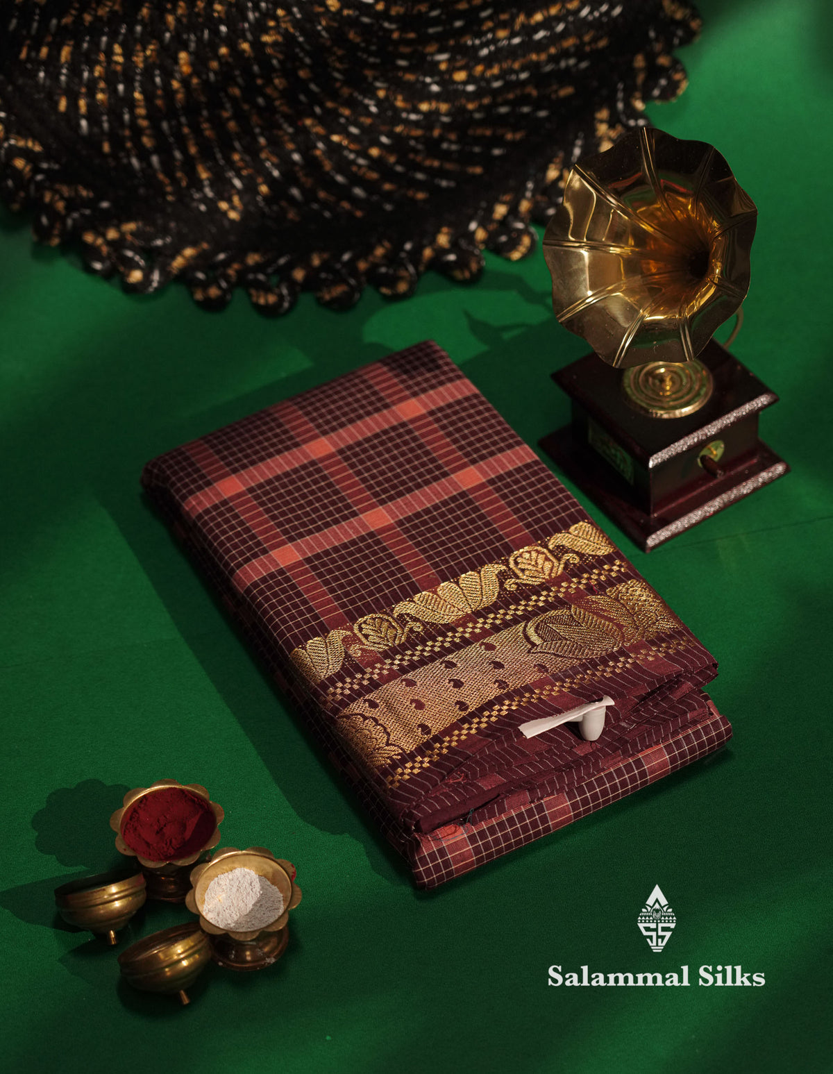 Beautiful Dark Maroon Thread Checks Pure Chetinad Cotton Saree With Traditional Border