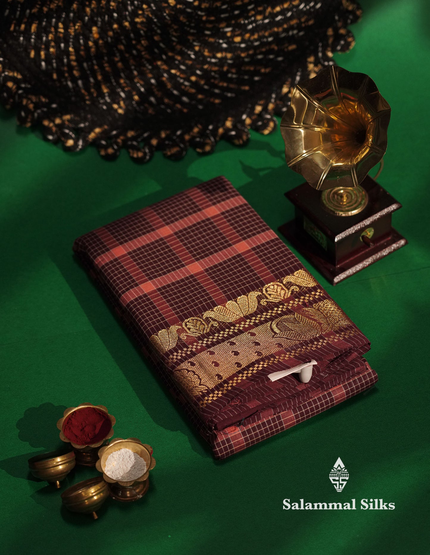 Beautiful Dark Maroon Thread Checks Pure Chetinad Cotton Saree With Traditional Border