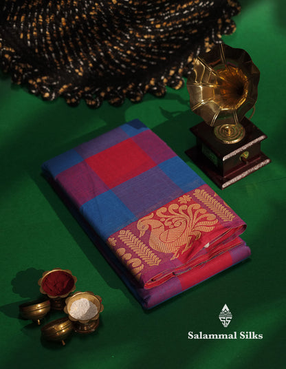 Beautiful Paalum Pazham Checks Chettinad Pure Cotton Saree With Self Thread Work Border