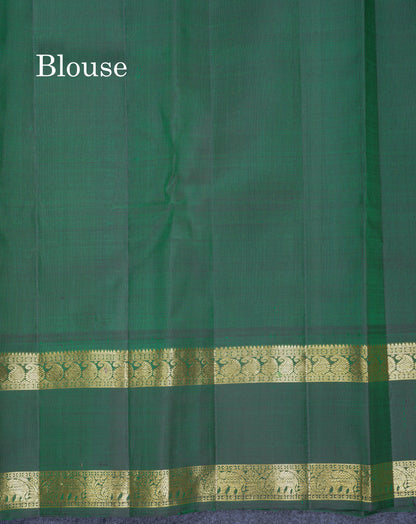 Orange Veldhari Zari Checks Pure Kanjivaram Silk Saree With Contrast Bottle Green Traditional Rettapet Border
