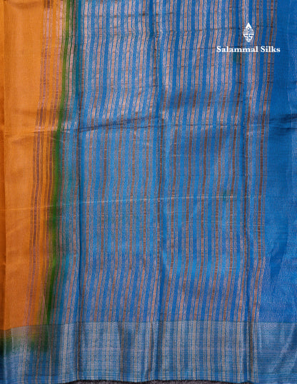 Beautiful Yellow Semi Raw Silk Fancy Saree With Contrast Blue Border