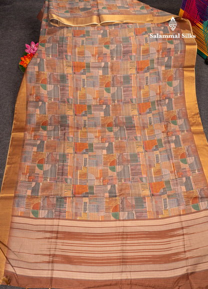 Brown Semi Tussar Fancy Saree With Gold Border