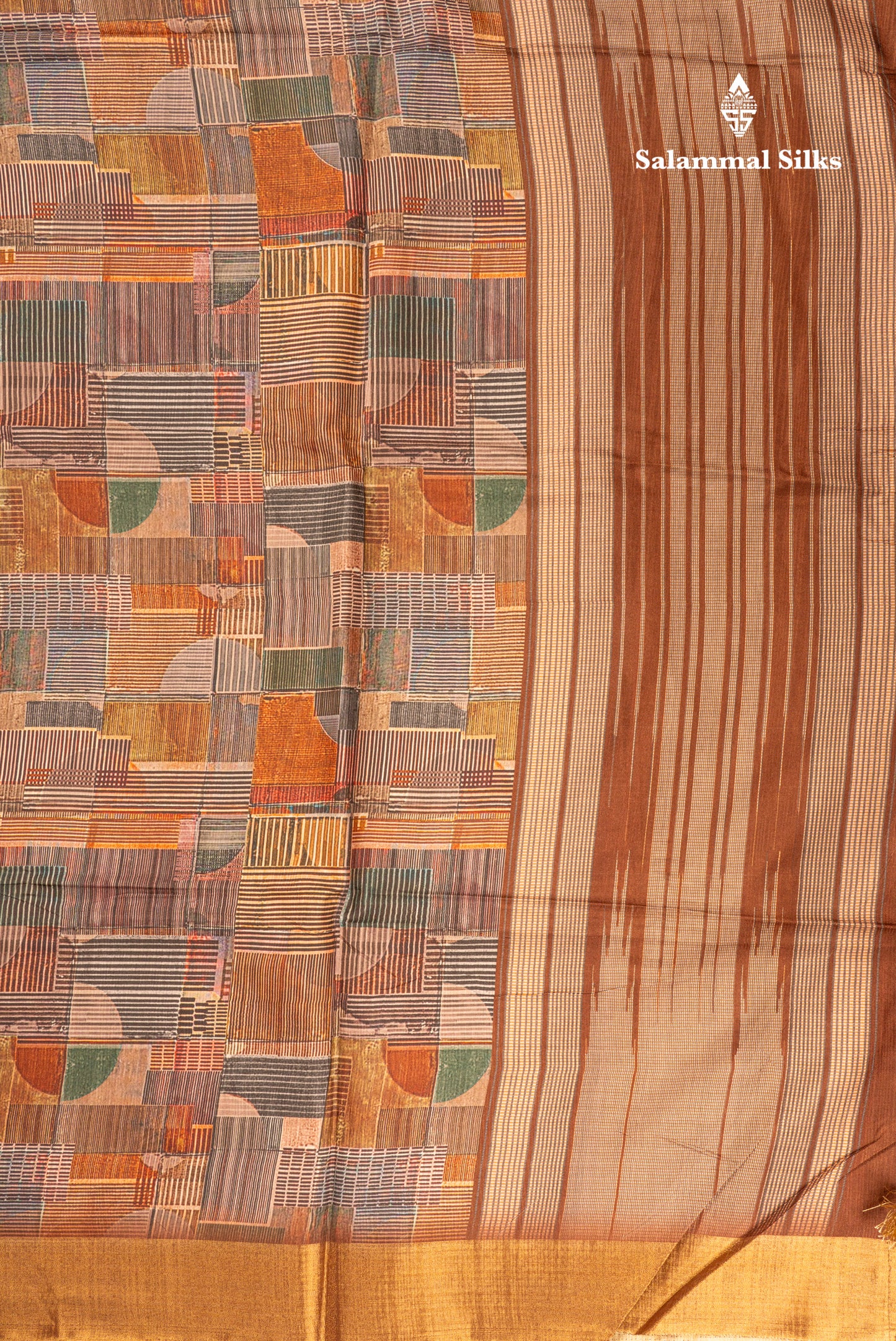 Brown Semi Tussar Fancy Saree With Gold Border