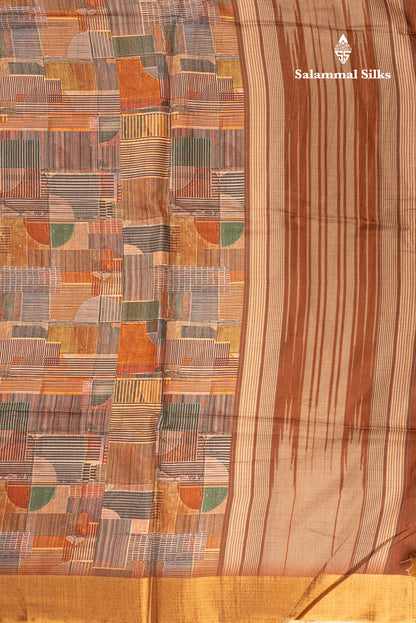 Brown Semi Tussar Fancy Saree With Gold Border