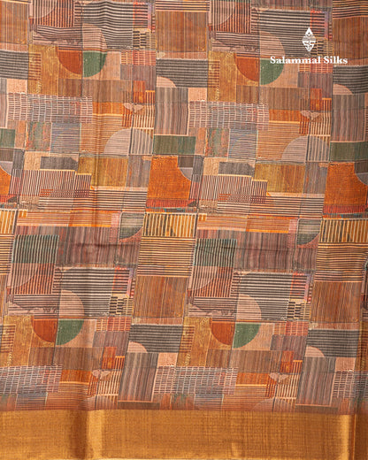 Brown Semi Tussar Fancy Saree With Gold Border