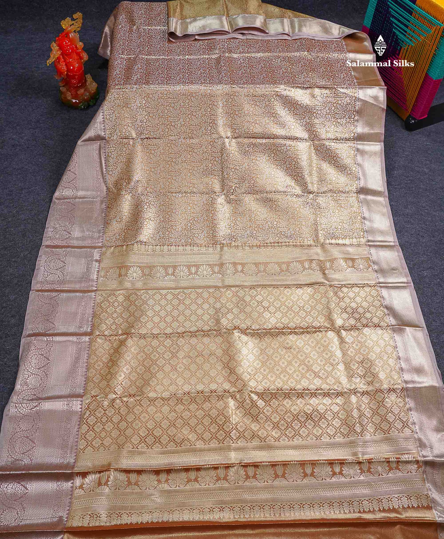 Beautiful Light Chocolate Tissue Bridal Semi Silk Saree With Traditional Evening Morning Border