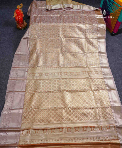 Beautiful Light Chocolate Tissue Bridal Semi Silk Saree With Traditional Evening Morning Border