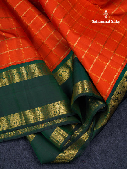 Orange Veldhari Zari Checks Pure Kanjivaram Silk Saree With Contrast Bottle Green Traditional Rettapet Border