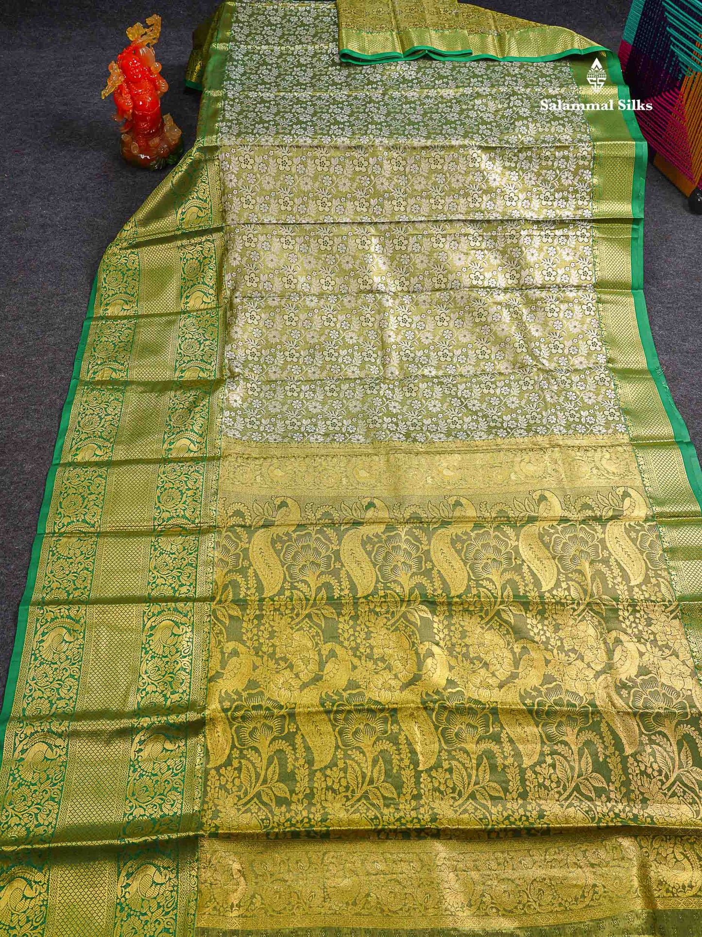 Beautiful Olive Green Bridal Tissue Semi Silk Saree With Contrast Bottle Green Traditional Evening Morning Border