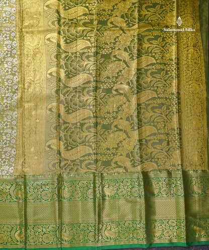 Beautiful Olive Green Bridal Tissue Semi Silk Saree With Contrast Bottle Green Traditional Evening Morning Border