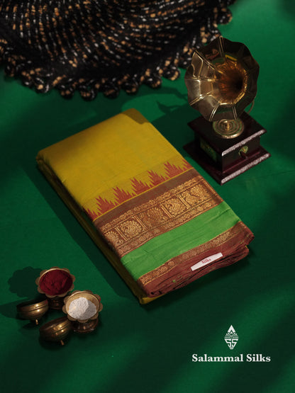 Beautiful Parrot Green Chettinad Plain Pure Cotton Saree With Green Double Border