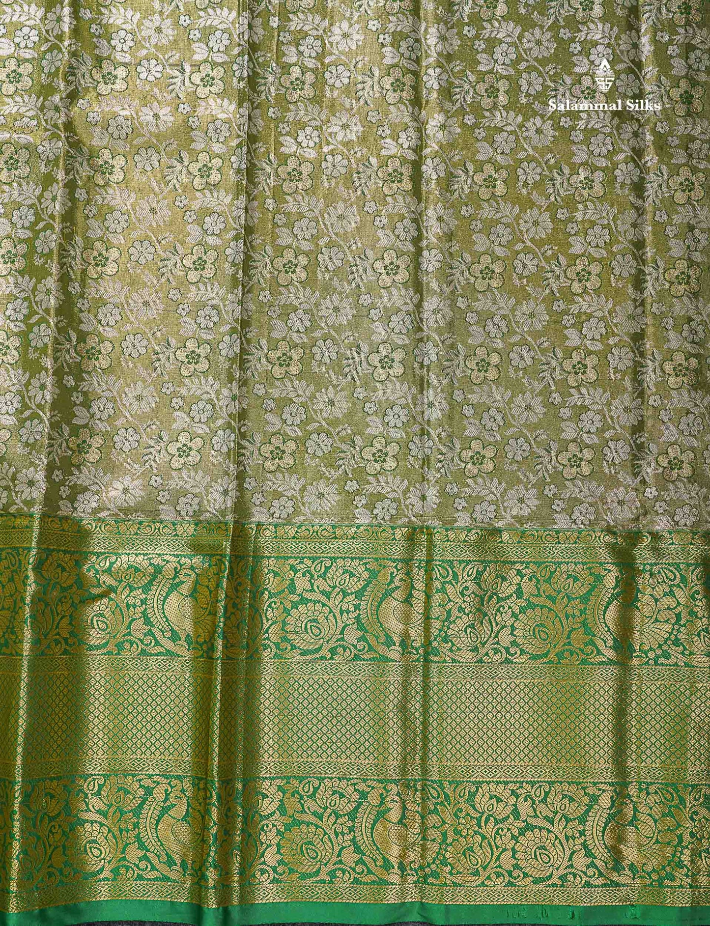 Beautiful Olive Green Bridal Tissue Semi Silk Saree With Contrast Bottle Green Traditional Evening Morning Border