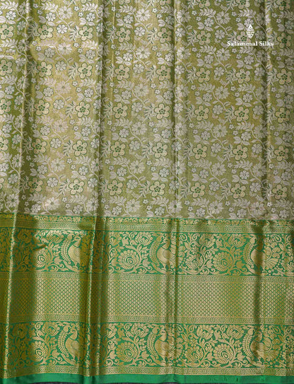 Beautiful Olive Green Bridal Tissue Semi Silk Saree With Contrast Bottle Green Traditional Evening Morning Border
