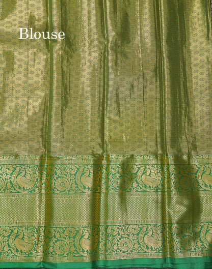 Beautiful Olive Green Bridal Tissue Semi Silk Saree With Contrast Bottle Green Traditional Evening Morning Border