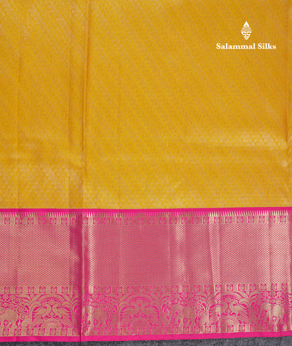 Beautiful Yellow Bridal Pure Kanjivaram Silk Saree With Contrast Pink Traditional Evening Morning Border