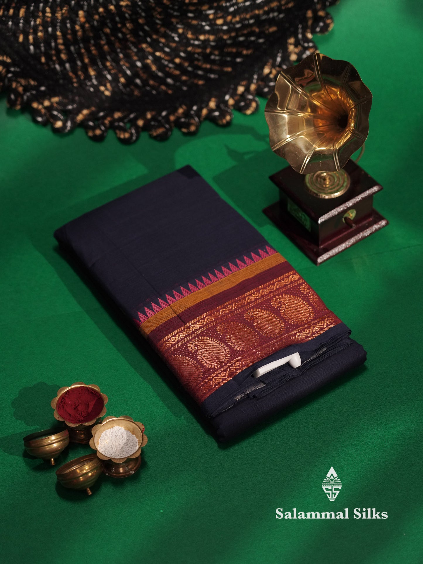 Beautiful Navy Blue Plain Pure Chettinad Cotton Saree With Maroon Traditional Border